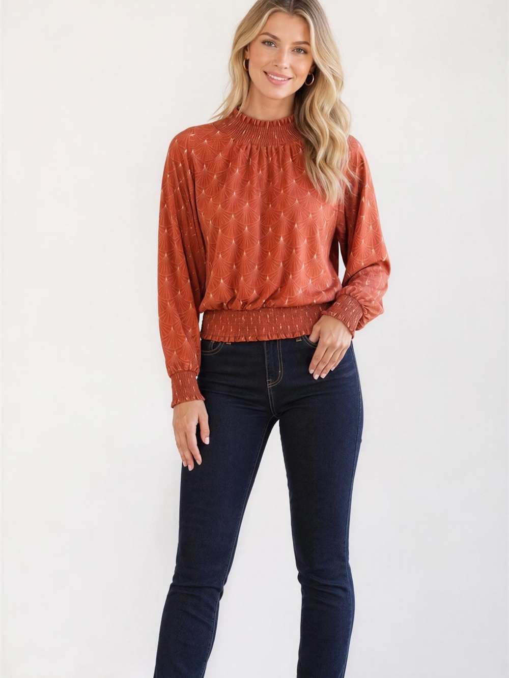 Bohme Large Rust Smocked-Neck Long Sleeve Top